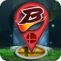 The B and orange checkmark from the Super Smash Bros Brawl title art is attached to a red map pin that points to a trophy stand. The background is a mossy cave with a pillar of blue light.
